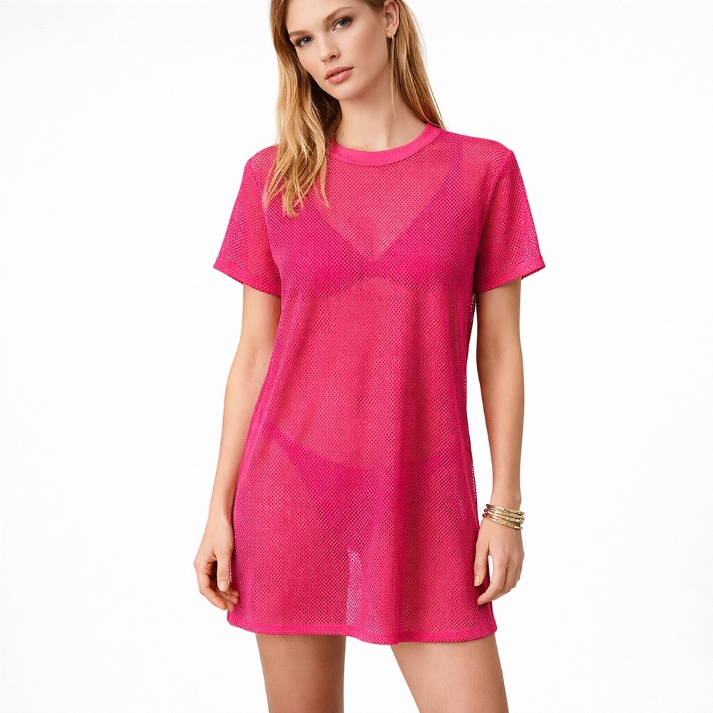 Bright Pink Fuchsia Mesh T-Shirt Dress / Swim Cover-Up – Size M